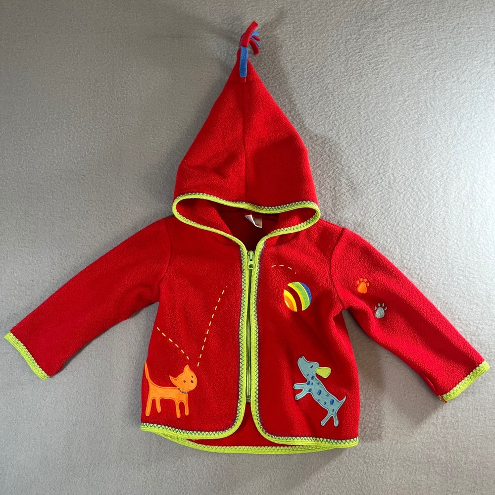 Vintage Hanna Andersson Red Fleece Zip Up pixie Hood Cat Dog Gnome Hood Size 80